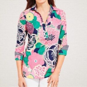 Talbots Floral Clip Dot Popover Blouse All Cotton Pink Green M